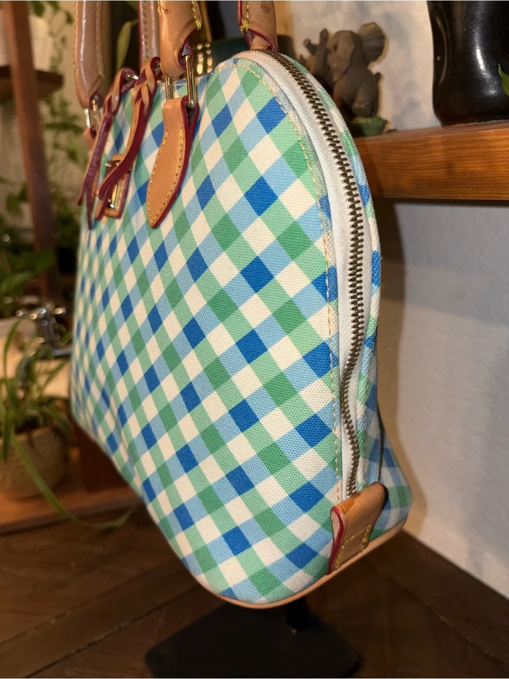 Dooney & Bourke Blue Green Gingham Coated Canvas Dome Satchel - Picture 3 of 13